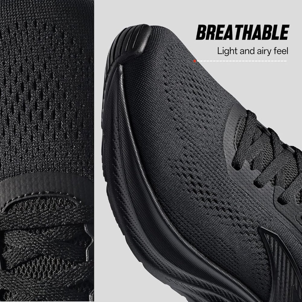 Men’s All Black Comfortable Running Trainers Jogging Walking Athletic Shoes - Picture 2 of 7